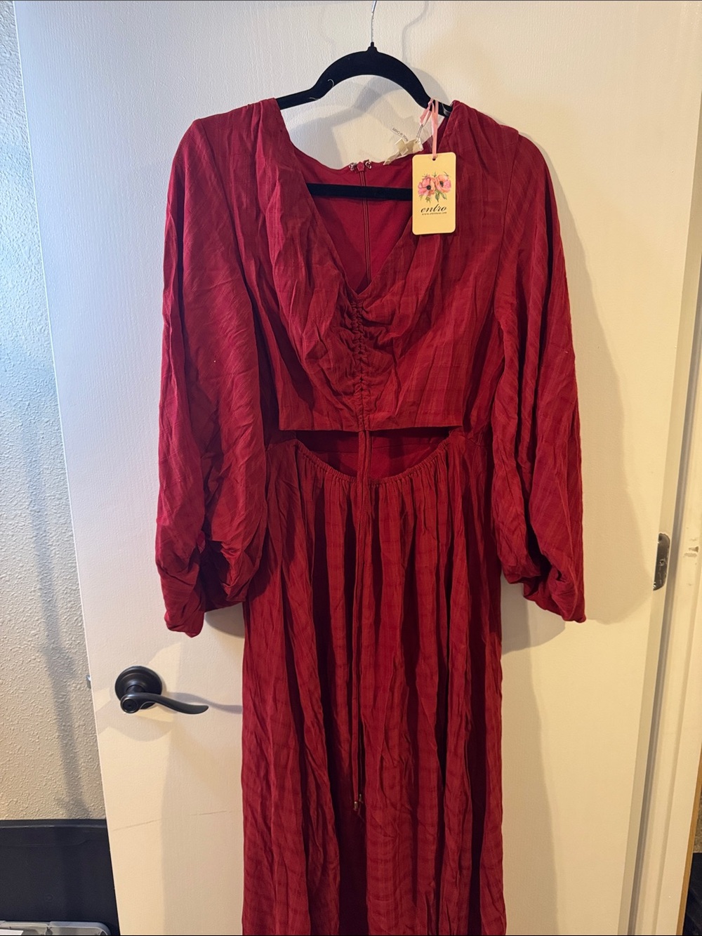 entro Red Long-Sleeve Maxi Dress with Midriff Cutout